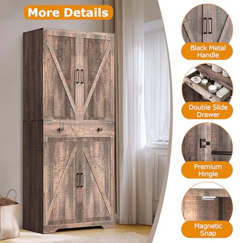 72" Tall Farmhouse Kitchen Pantry Cabinet, Large Storage Cabinet with 6 Adjustable Shelves, 4 Barn Doors & Drawer for Bathroom, Dining Room, Brown