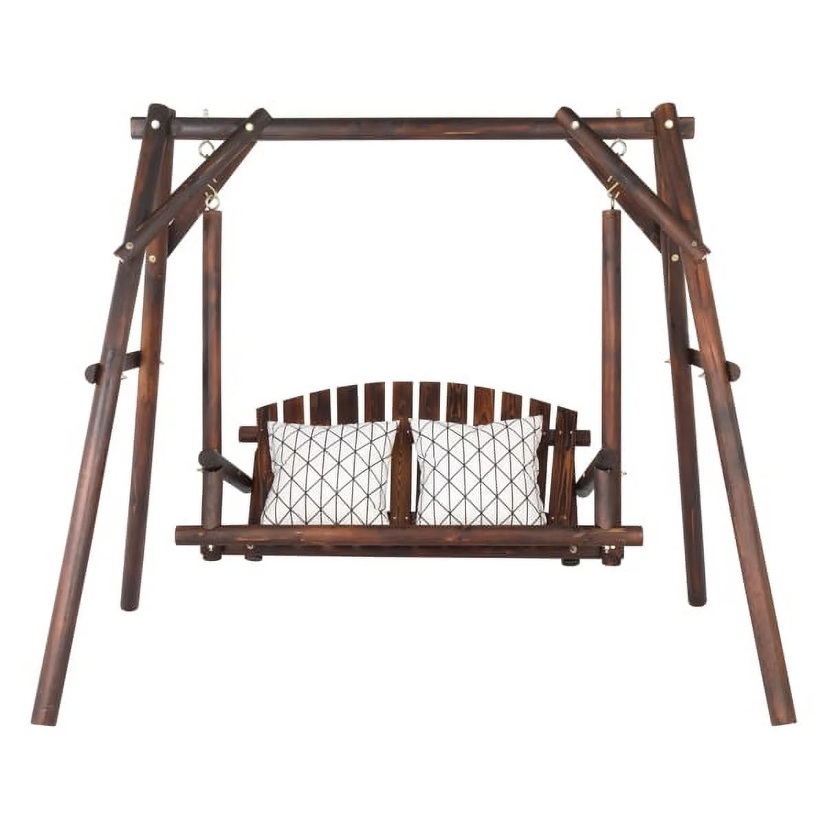 6.5ft Hardwood Patio Garden Outdoor Porch Swing with Stand, Rustic Loveseat Swing Chair for 2 Person, Carbonized