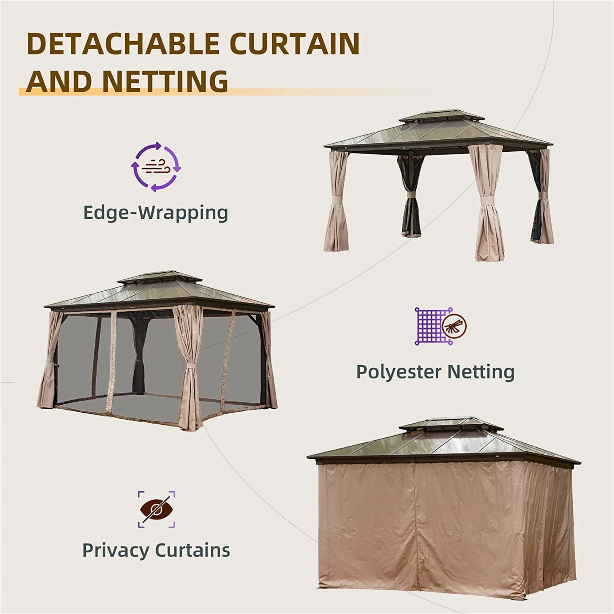 Outdoor Gazebo Double Roof Permanent Hardtop Pergola with Bug Netting and Curtains,Brown