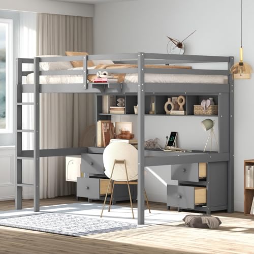 Full Size Loft Bed with L-Shaped Desk, Wardrobe and Storage Shelves, Solid Wood Bedframe w/Safety Guardrails & Ladder for Kids Teens Adults