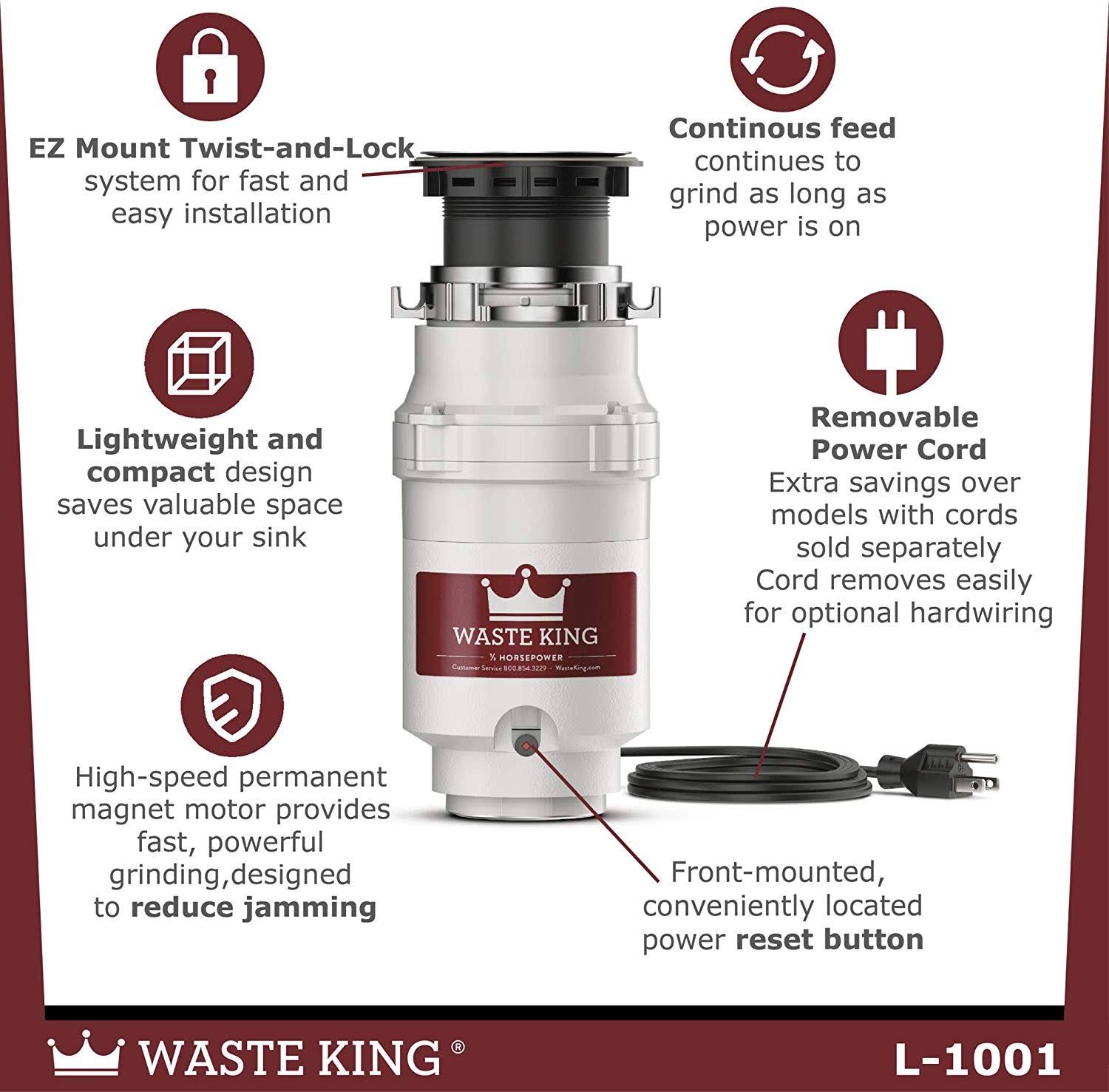 Waste King L-1001 Garbage Disposal with Power Cord, 1/2 HP