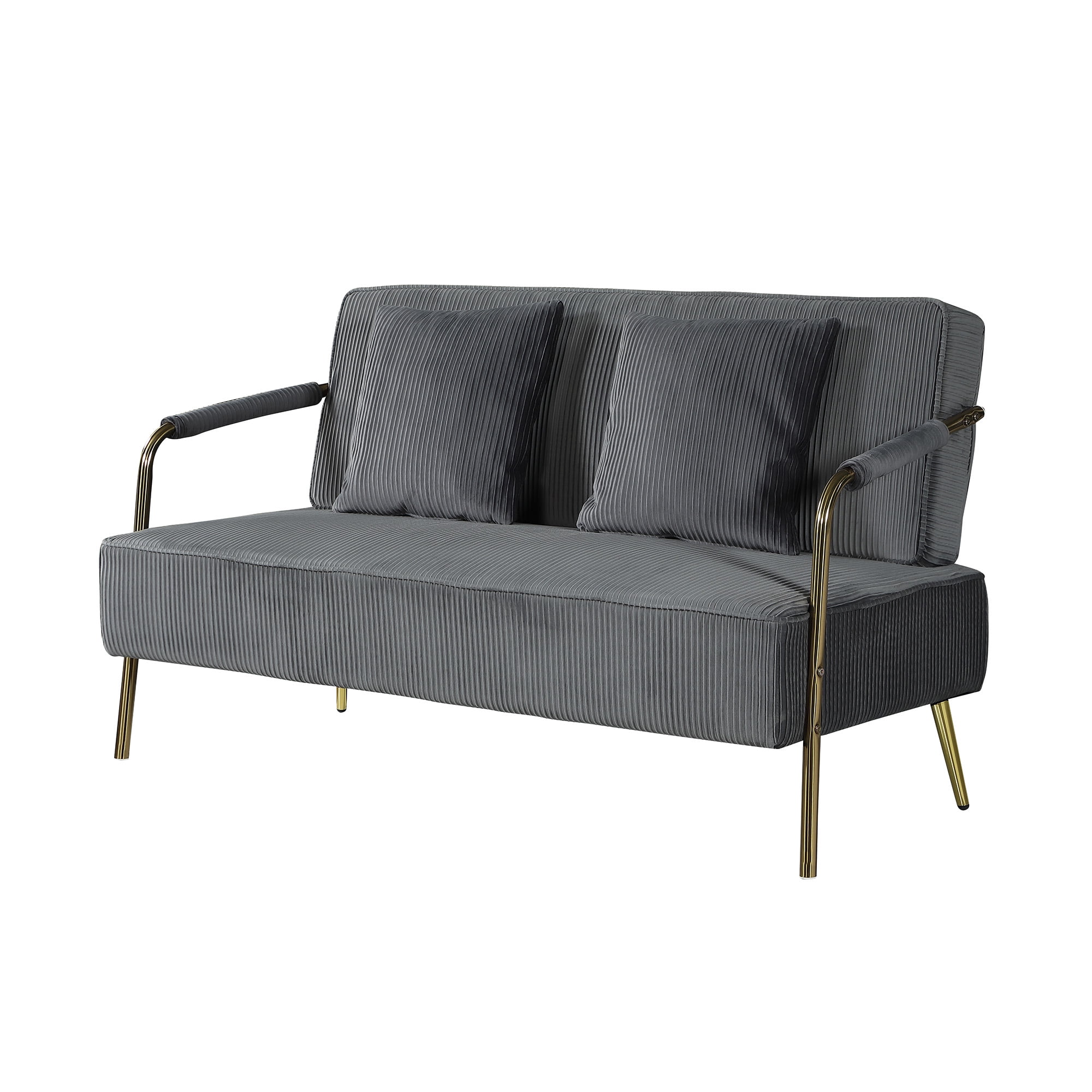 56" Width Modern Upholstered Pleated Velvet Loveseat Comfy 2 Seater Small Sofa Couch with Gold Metal Legs 2pcs Throw Pillows for Living Room