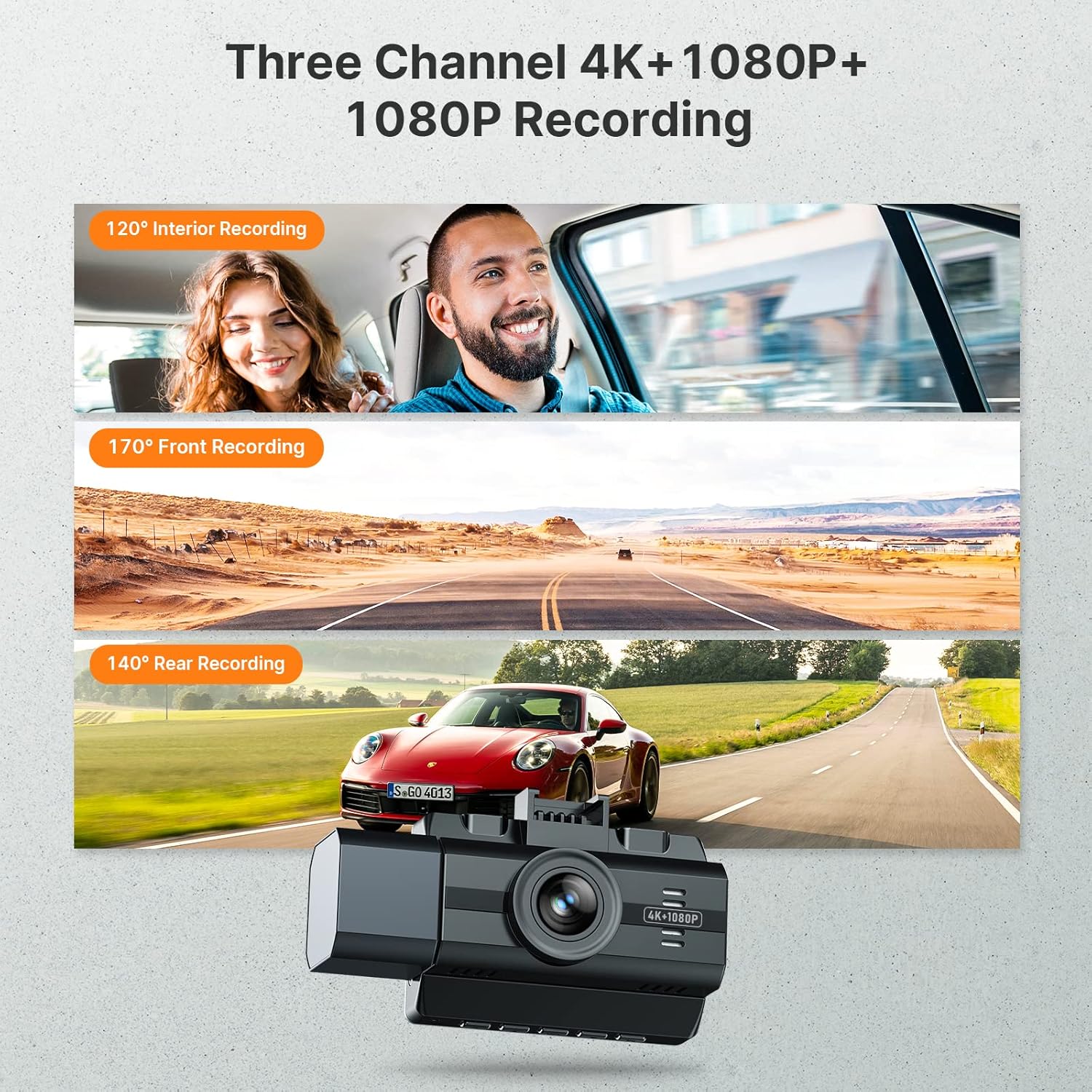 4K Dash Cam Front and Rear Inside 3 Channel Dash Camera, 4K+1080P Dual Dashcam, Dash Camera with Infrared Night Vision, Parking Mode, Loop Recording