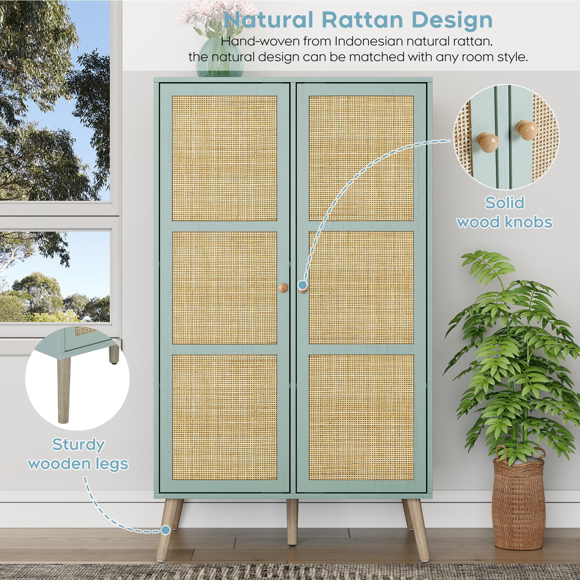 Brafab 55" Mid Century Vintage Armoire Wardrobe Closet with Natural Rattan Doors