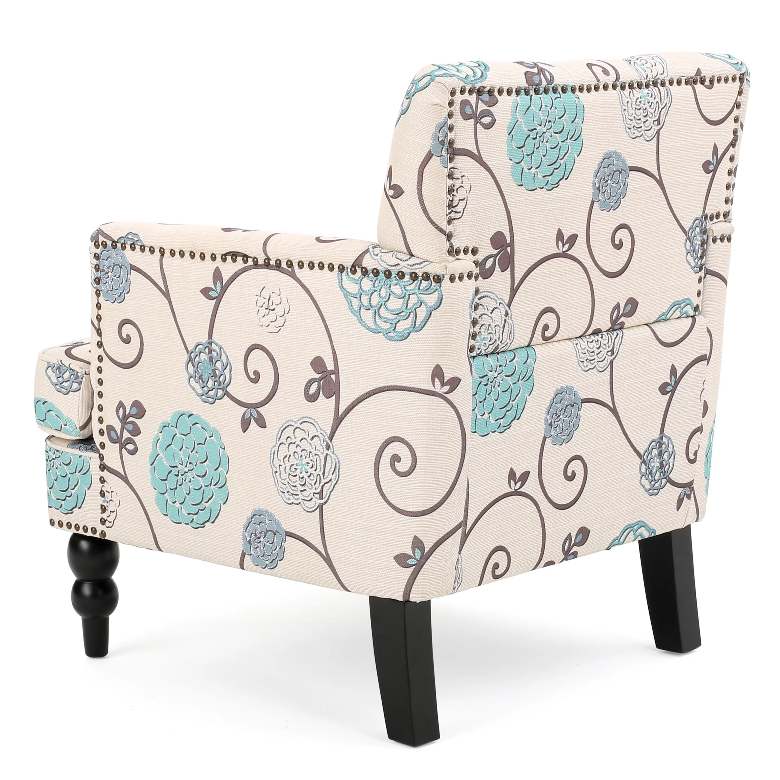 GDF Studio Aurelia Contemporary Tufted Club Chair, Blue and Light Beige Floral Fabric and Dark Brown