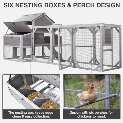 Large Chicken Coop with Run - Outdoor Chicken House for 6-8 Chickens with Six Nesting Box, Five Perches, Leakproof Pull-on Tray