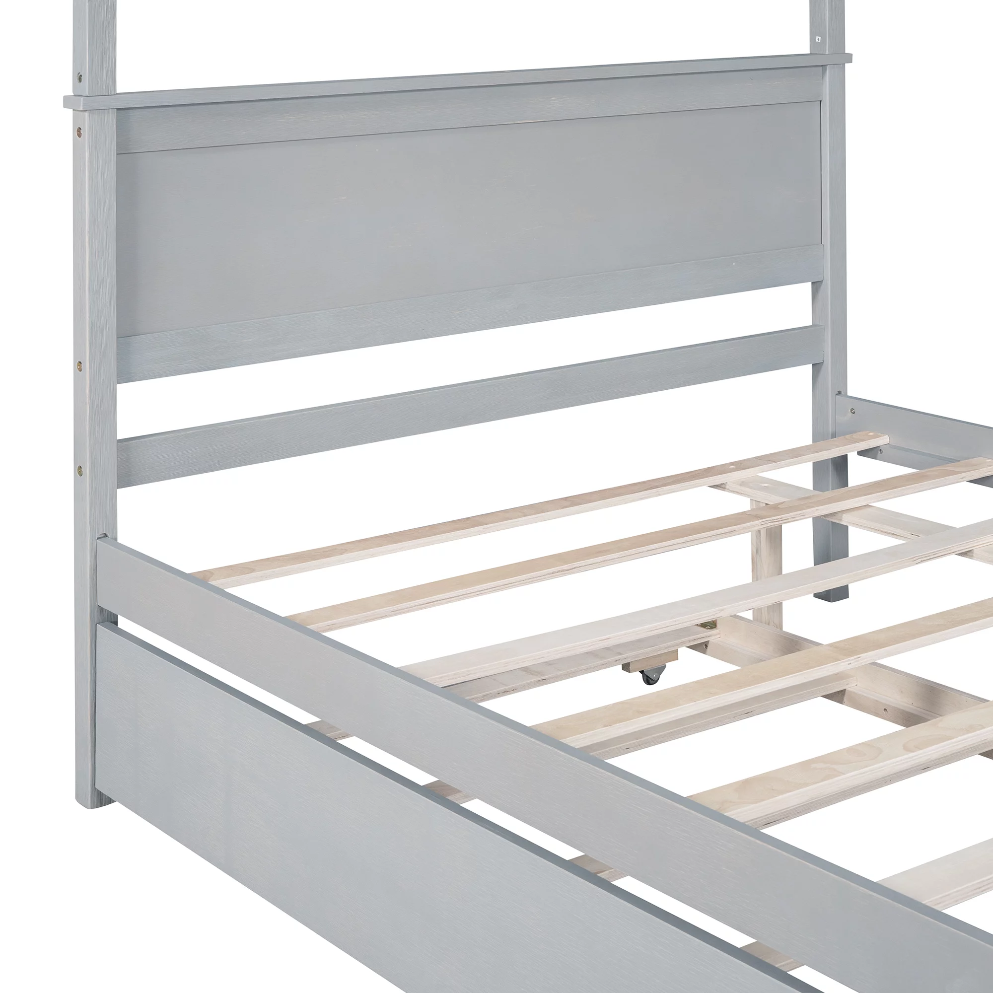 Dcenta Wood Canopy Bed with Trundle Bed ,Full Size Canopy Platform bed With Support Slats .No Box Spring Needed, Gray