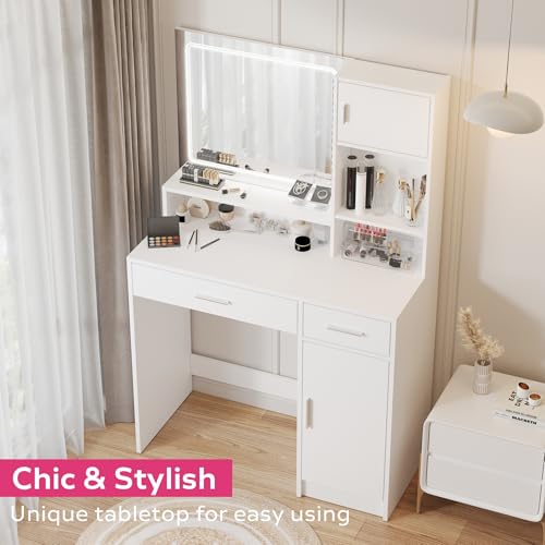 Vanity Desk with Mirror and LED Light Strip,Dressing Table with Large Drawer, 3 Level Storage Dresser & 3 Lighting Modes Adjustable Brightness
