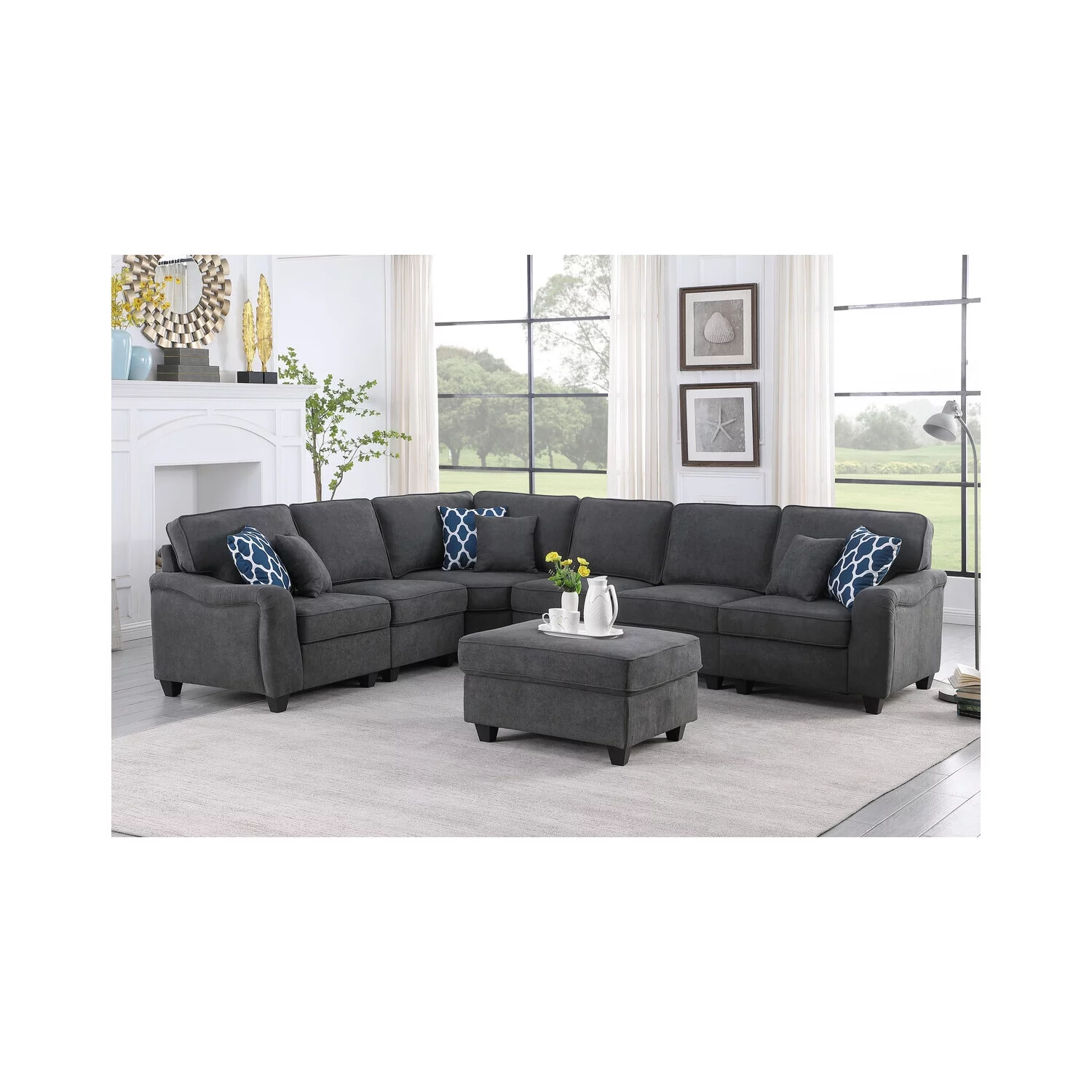 Homestock Antique Ambiance Dark Gray Woven 7Pc Modular L-Shape Sectional Sofa and Ottoman - Curated Treasures Market
