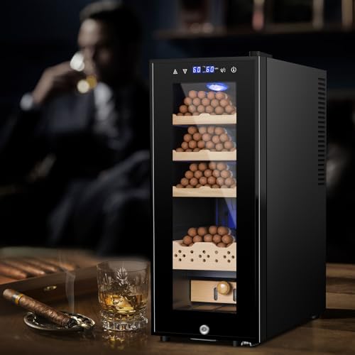 Electric Humidor for Cigars, 35L 250 Counts Large Capacity Thermostatic Desktop Humidor Cabinet with Digital LED Screen, Safety Lock