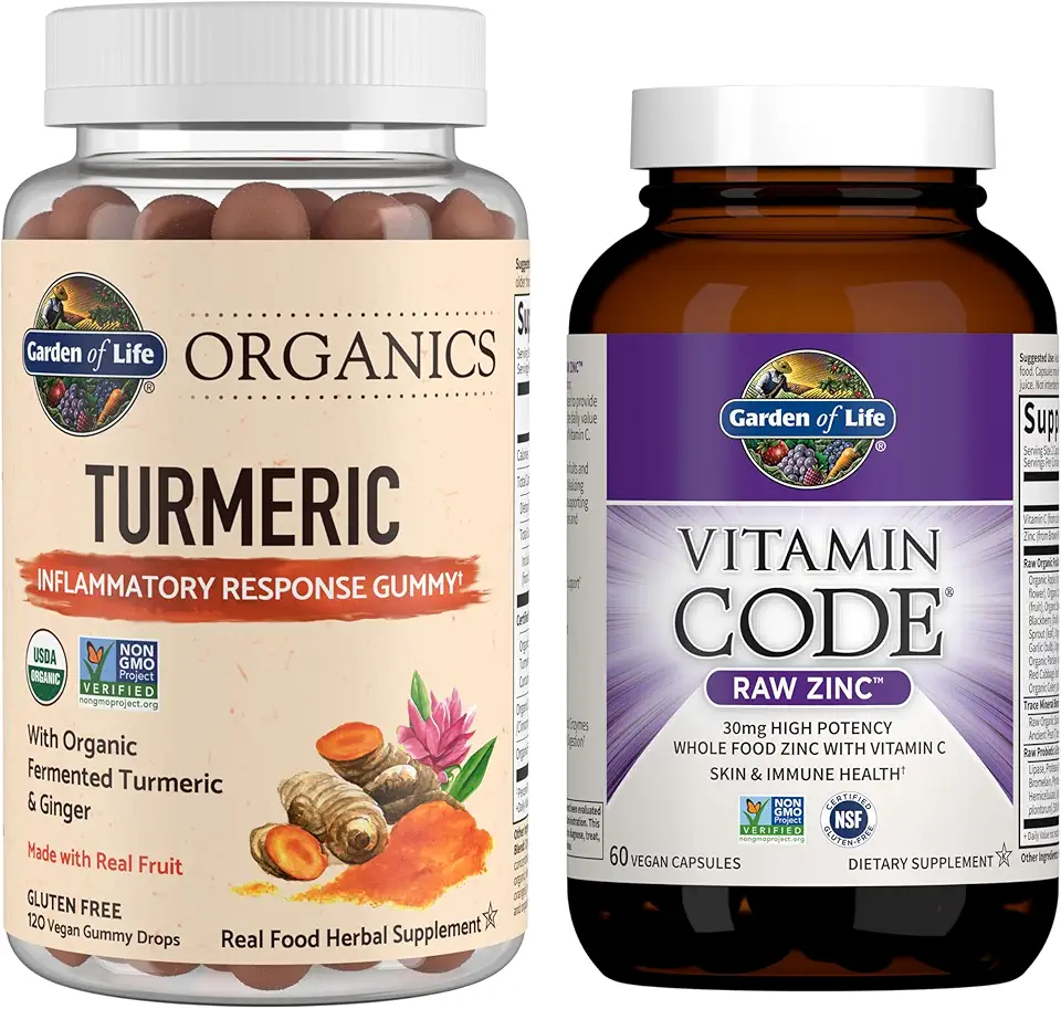 Garden of Life Organics Turmeric Inflammatory Response Gummy, 120ct & Vitamin Code High Potency Raw Zinc, 60ct - Kansas Nuitrition - HNZSDS
