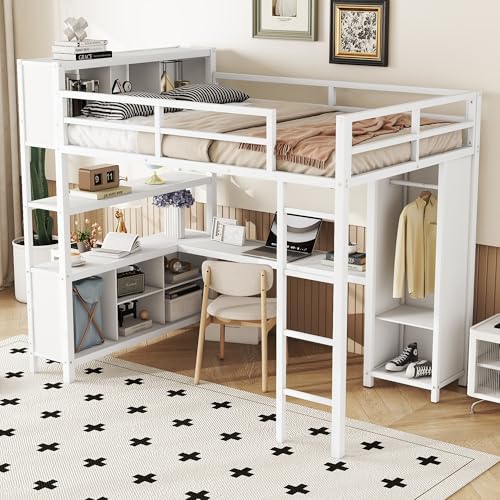 Queen Size Modern Metal Loft Bed with Wardrobe and L-Shaped Desk,Storage Cubes and Shelves,for Kids Teens Adults Bedroom Use (Black#h, Queen)
