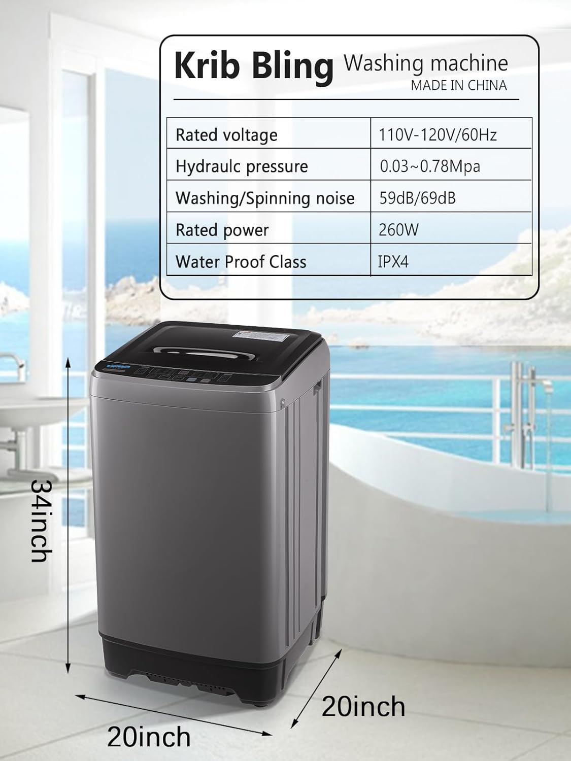 Krib Bling 17.7 lbs Full-Automatic Washing Machine with LED Display, Portable Compact Laundry Washer with Drain Pump, 10 Wash Programs 8 Water Levels