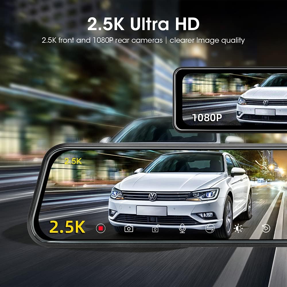 2.5K Voice Control Mirror Dash Cam Rear View Mirror Backup Camera Front and Rear