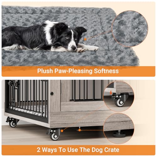 Lulive Dog Crate Furniture for Medium Dogs, 32'' Dog Kennel Indoor with Cushion & Wheels Wooden Dog Cage Double Doors Dog Crate End Table, Grey