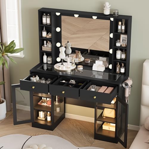 Makeup Vanity Desk with Mirror and Lights, White Vanity with Glass Top, LED Lights & Power Outlet, 3 Drawers & 2 RGB Glass Cabinets