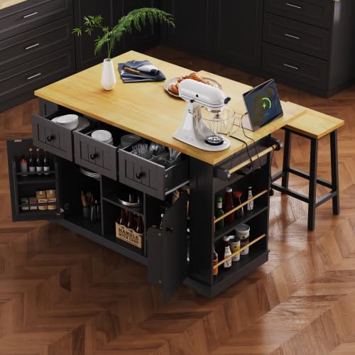 Bellemave Kitchen Island with Storage Cabinet on Wheels, 53.5'' Mobile Kitchen Cart with Power Outlet, Drop Leaf, Spice/Towel Rack and Drawer