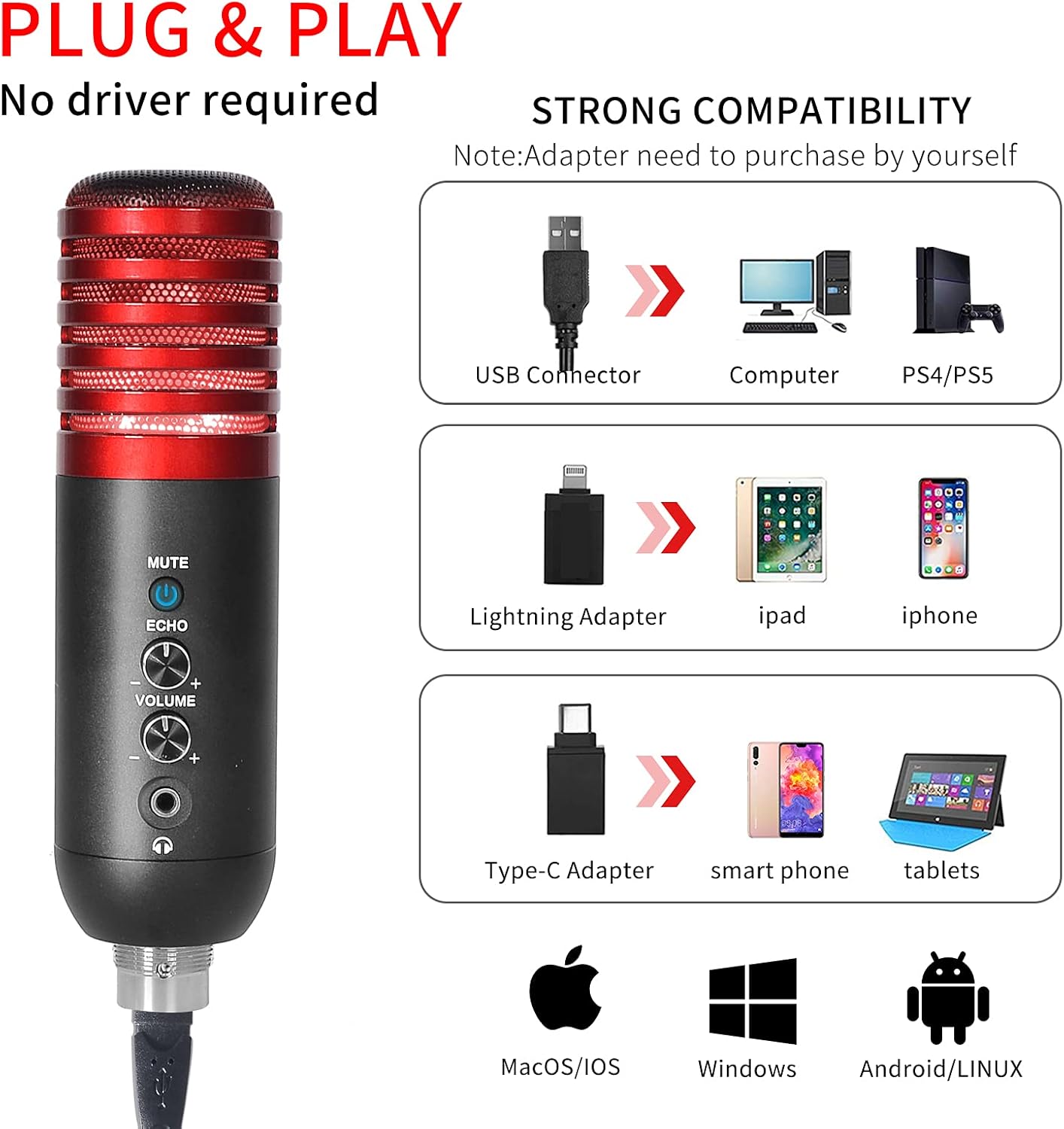 USB Gaming Condenser Microphone Plug and Play Cardioid Condenser Streaming Podcast Mic Kit for PC PS4 Studio Streaming Red with Flexible Boom Arm