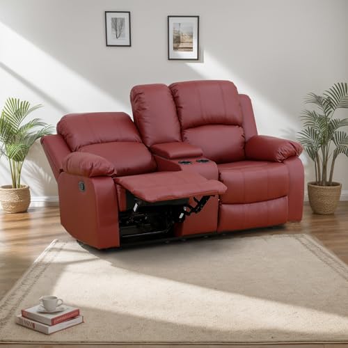 Recliner Loveseat, Leather Couch Living Room 2-Seat Sofa Chair with Storage Box and Cup Holders for Apartment, Home, Office (Red)