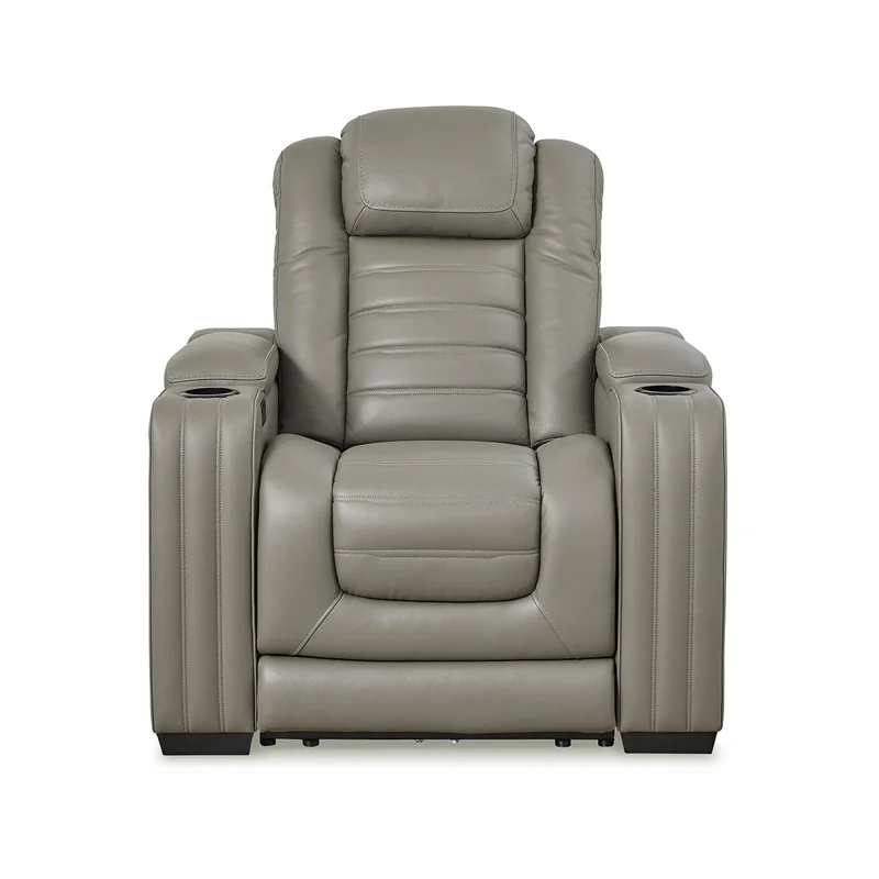 Ashley Furniture Backtrack Leather Power Recliner with Headrest in Light Gray