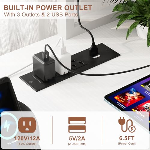 Aheaplus L Shaped Gaming Desk with Power Outlets & LED Lights, Small L- Shaped Desk Computer Corner Desk with Monitor Stand & Storage Shelf