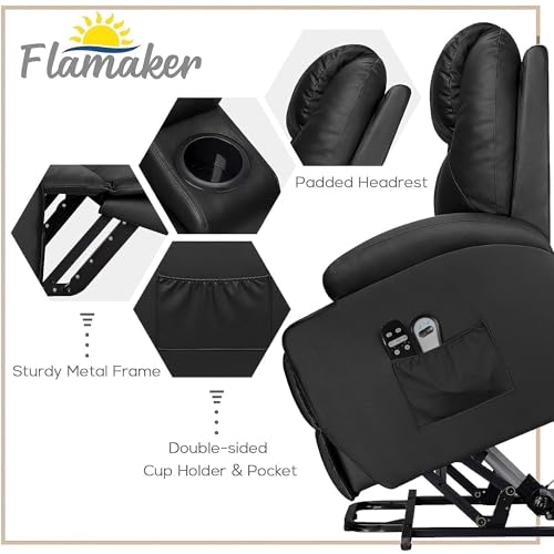 Flamaker Power Lift Recliner Chair PU Leather with Massage for Elderly Ergonomic Lounge Chair Classic Single Sofa with 2 Cup Holders Side Pockets