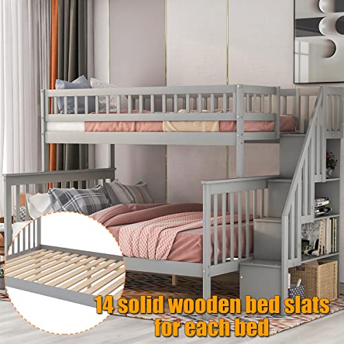 Harper & Bright Designs Bunk Beds Twin Over Full Size, Bunk Bed with Trundle,Storage Shelf and Stairway