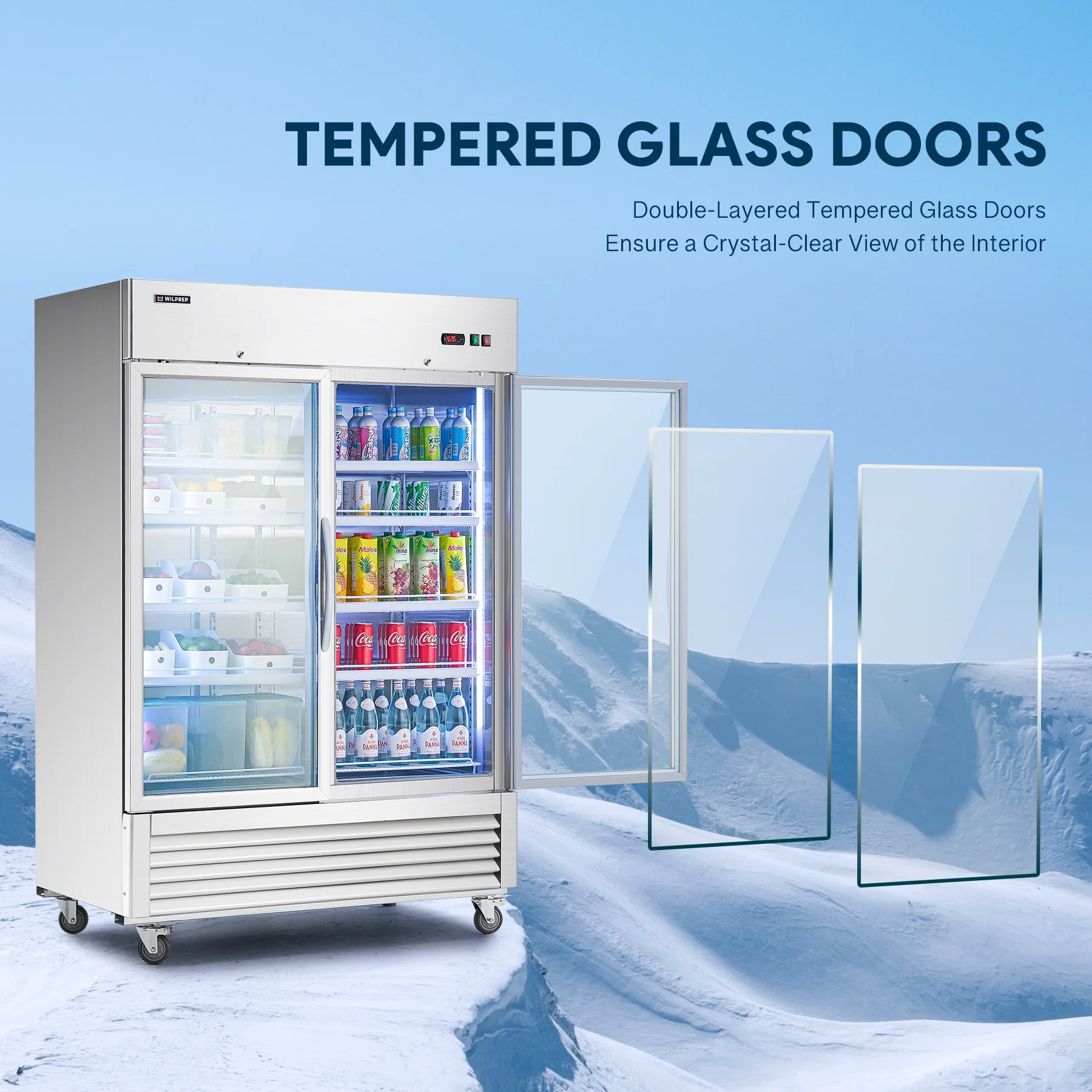 WILPREP Commercial Refrigerator, 54" 2 Glass Door Display Refrigerator with 42.2 cu. ft. Capacity, Certified by ETL, ETL Sanitation, DOE, CEC