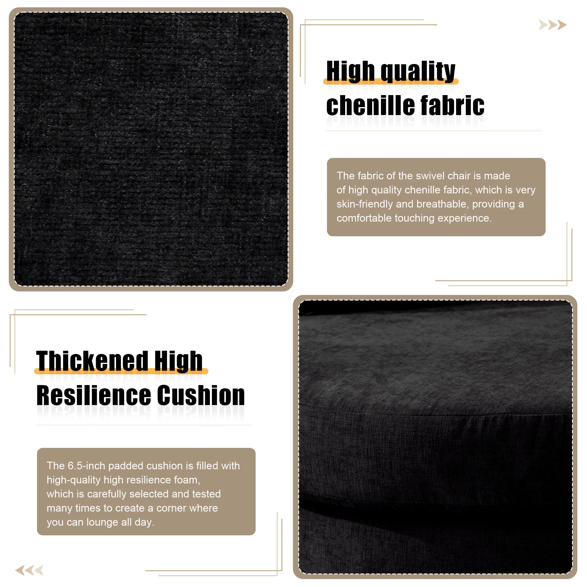 Muumblus Chenille Swivel Accent Chair Barrel Chair, Oversized Comfy Armchair with Pillows, Modern Leisure Sofa Chair for Living Room Bedroom, Black