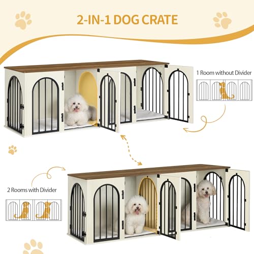 71" Dog Crate Furniture for 2 Dogs, Heavy Duty Indoor Dog Kennel TV Stand, XXL Wooden Dog Cage with Divider for Medium Large Dogs