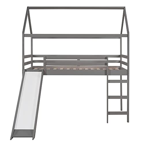 Merax Twin Over Twin House Bunk Bed Frames with Slide and Storage Staircase, No Box Spring Needed, White