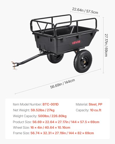 VEVOR Heavy Duty ATV Trailer Tow Behind Dump Cart, 17 Cu.Ft. 600lbs Capacity