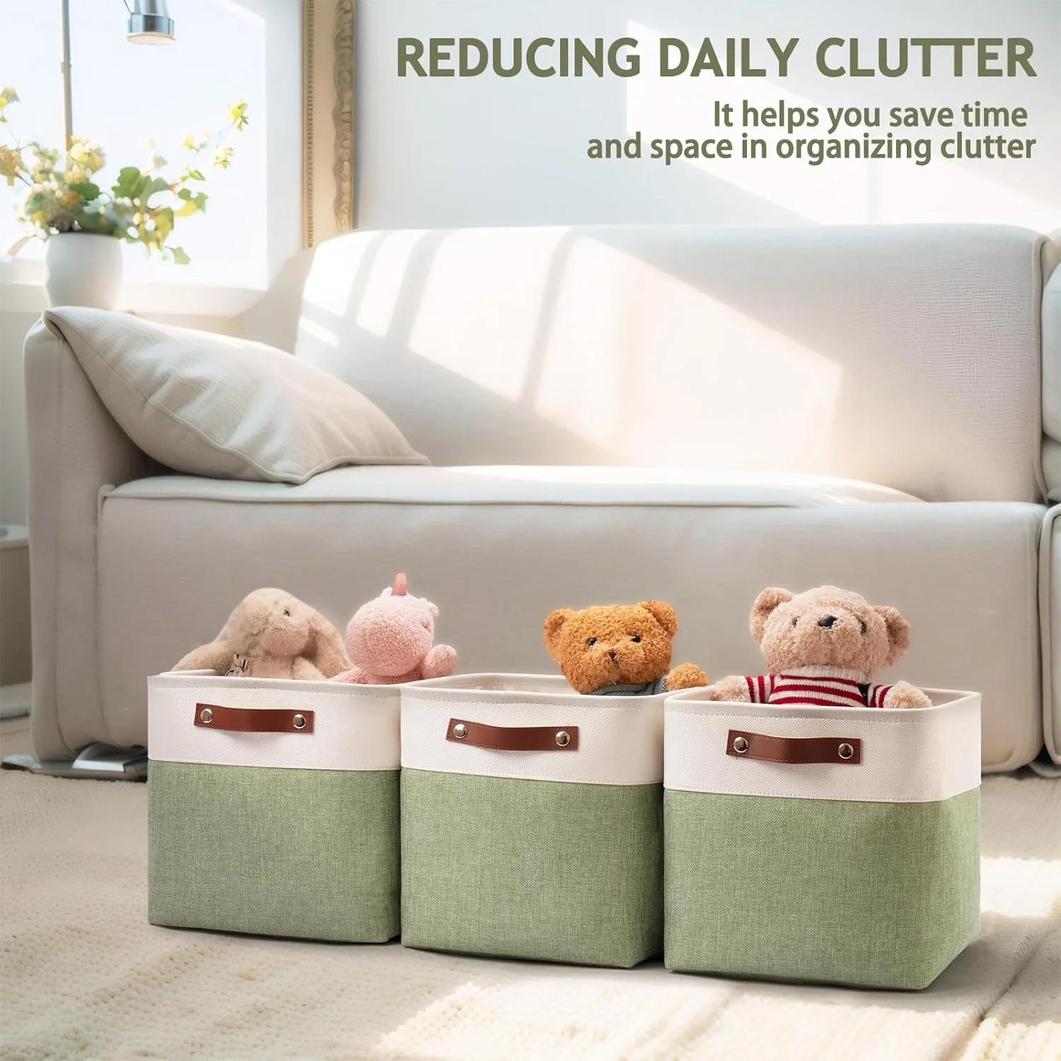 Collapsible Fabric Cube Storage Bins 11x11×11, Pack of 6 Closet Basket Boxes with PU Handles for Organizing Shelves, Toys, Clothes, Home, Laundry