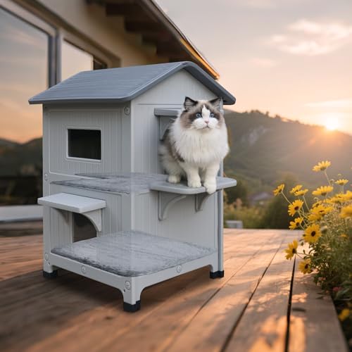 Plastic Outdoor Cat House with Mat Weatherproof for Feral Cat, 2 Story Insulated Elevated Cat Shelter with Escape Door, Easy Assemble