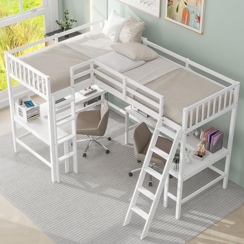 L-Shaped Loft Bed, Wood Twin Size Loft Bed with Desk, L Shaped Beds with Ladder & 2 L-Shaped Desks, Corner Twin Beds for Teens, Adults