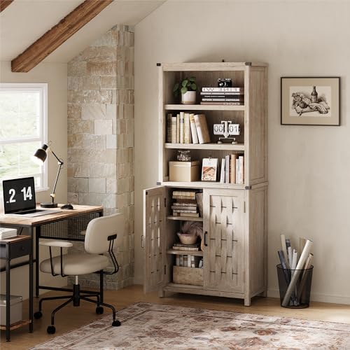 LINSY HOME Farmhouse Bookshelves and Bookcases with Doors, Floor Standing 5-Shelf Display Storage Shelves, 72 in Tall Storage Cabinet for Home Office