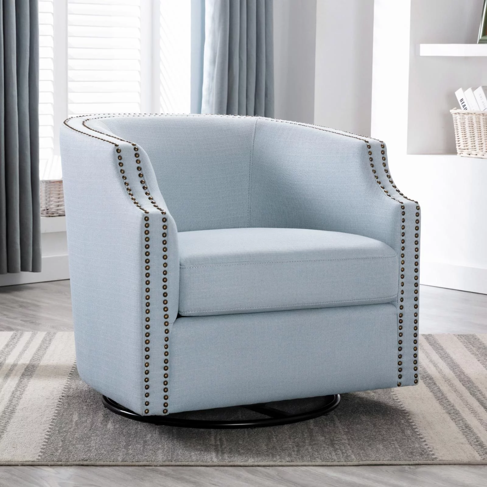 Aerin Sky Blue Polyester Linen Fabric Swivel Glider Barrel Accent Chair