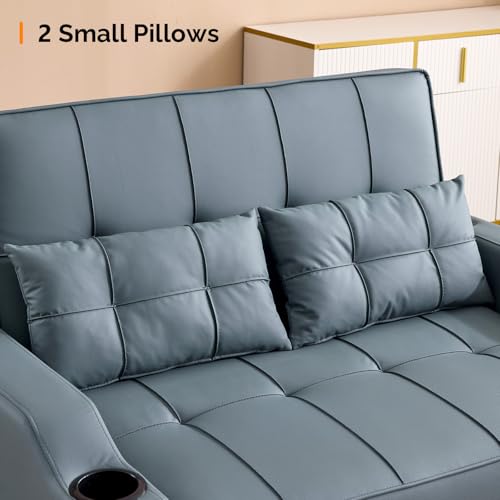 VINGLI Light Green Futon Sofa Bed Convertible Loveseat Sleeper Couch, Faux Leather Pullout Sofa Fold Out Couch Bed with USB Ports, Cup Holders