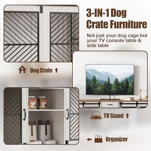 86.6” Large Dog Crate Furniture for 2 Dogs, Decorative Wooden Double Dog Kennel Indoor