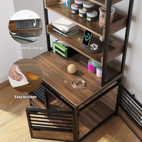 YITAHOME 39 Inch Dog Crate Furniture with Storage Shelves, Wooden Dog Crate for Large Dogs with Power Outlets