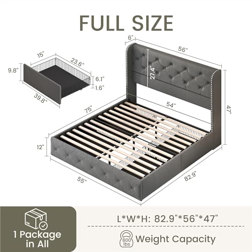 King Size Bed Frame with 4 Storage Drawers and Tufted Headboard Linen Upholstered Platform Bed Frame Wingback Beds with Wooden Slats Support