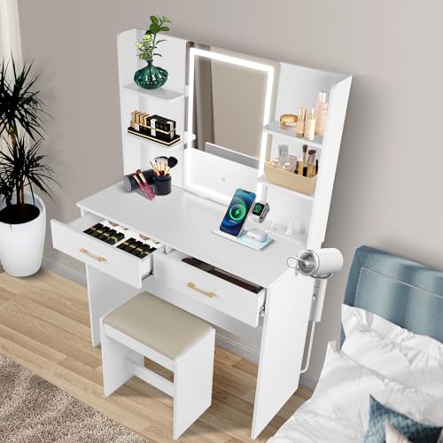 Vanity Set with Lights and Stool, Vanity Desk with Mirror and Lights，Vanity Power Outlet,Vanity Desk with Drawers