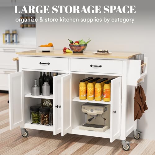 Rovibek Kitchen Island with Drawers 53 in Rolling Island Cart Mobile Solid Wood Portable Islands on Wheels with Storage Cabinet & Drawers, White