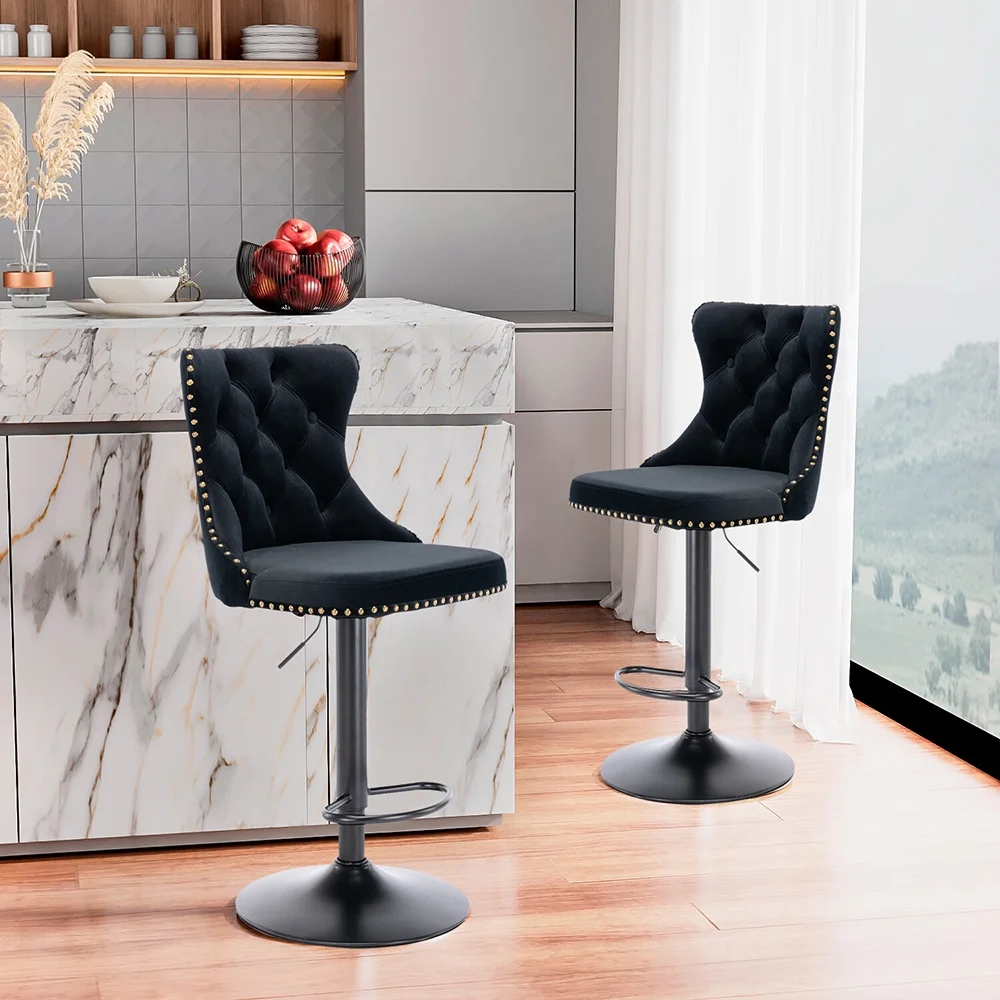 Lemacte Swivel Bar Stools Set of 4, Adjustable Counter Height Barstools with Nailheads Trim, Button Tufted Back and Black Footrest