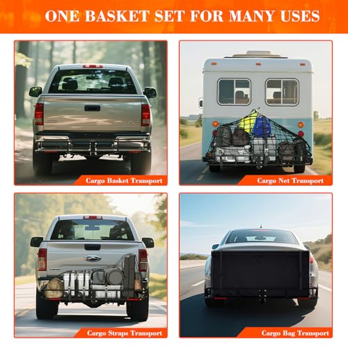Hitch Cargo Carrier Basket Combo 60" x 24" x 6" 500 LBS Capacity Vehicle Baskets Fits 2" Receiver with 18.2 Cubic feet Cargo Bag, Hitch Stabilizer