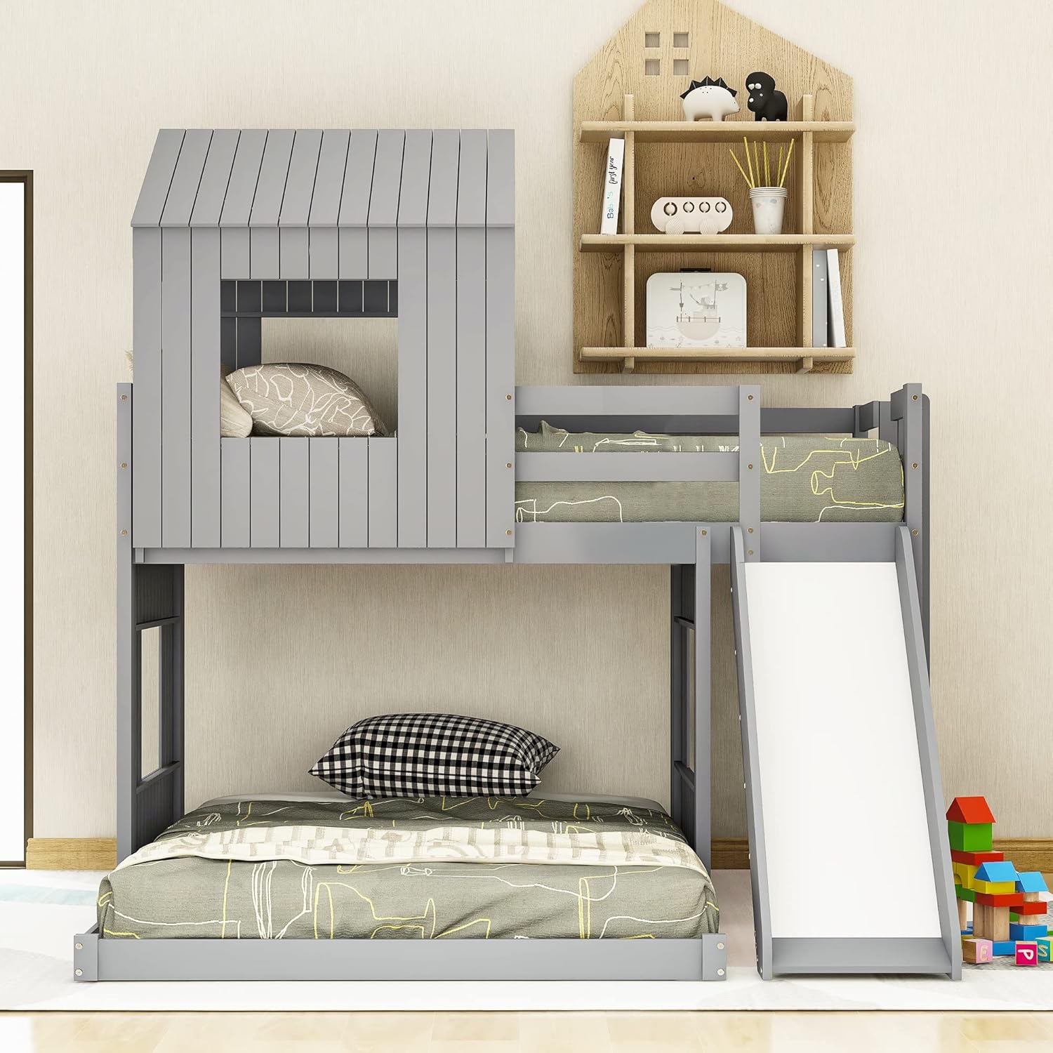 Twin Over Full Bunk Bed, Wood House BunkBed Frame with Ladder, Slide and Guardrails for Kids Teens, No Box Spring Needed, Space-Saving Design, Gray