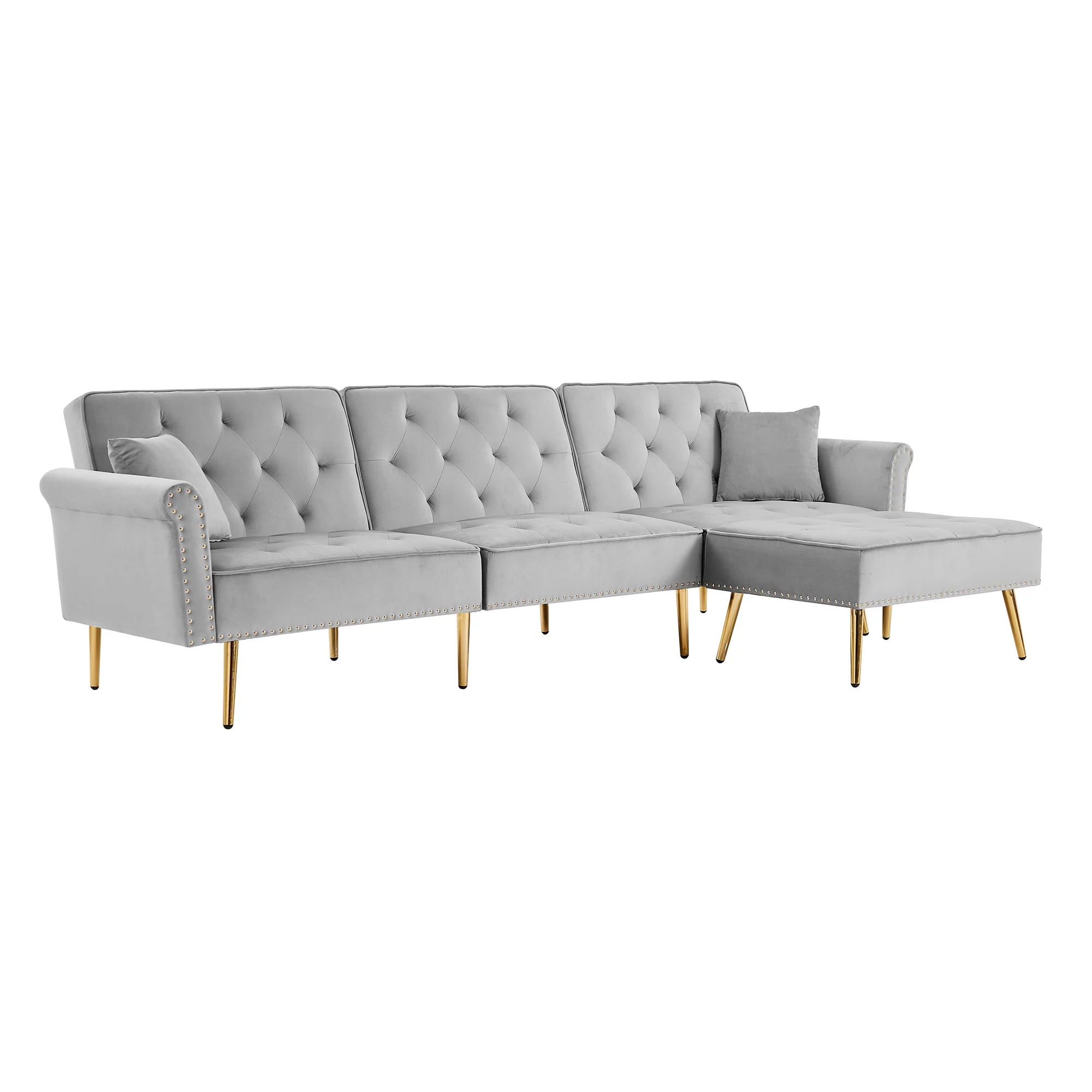 Dcenta Modern Upholstered Reversible Sectional Sofa Bed , L-Shaped Couch with Movable Ottoman and Nailhead Trim For Living Room. (Light Grey)