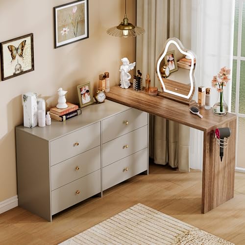 Large Makeup Vanity Desk with Mirror and Lights, Vanity Desk with 8 Drawers & Storage Shelves, Vanity Table with Power Outlet