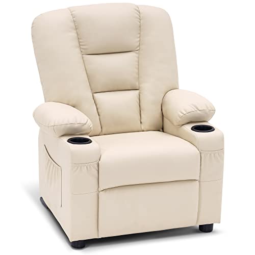MCombo Big Kids Recliner Chair with Cup Holders for Toddler Boys and Girls, 2 Side Pockets, 3+ Age Group, Faux Leather 7322(Dark Grey)