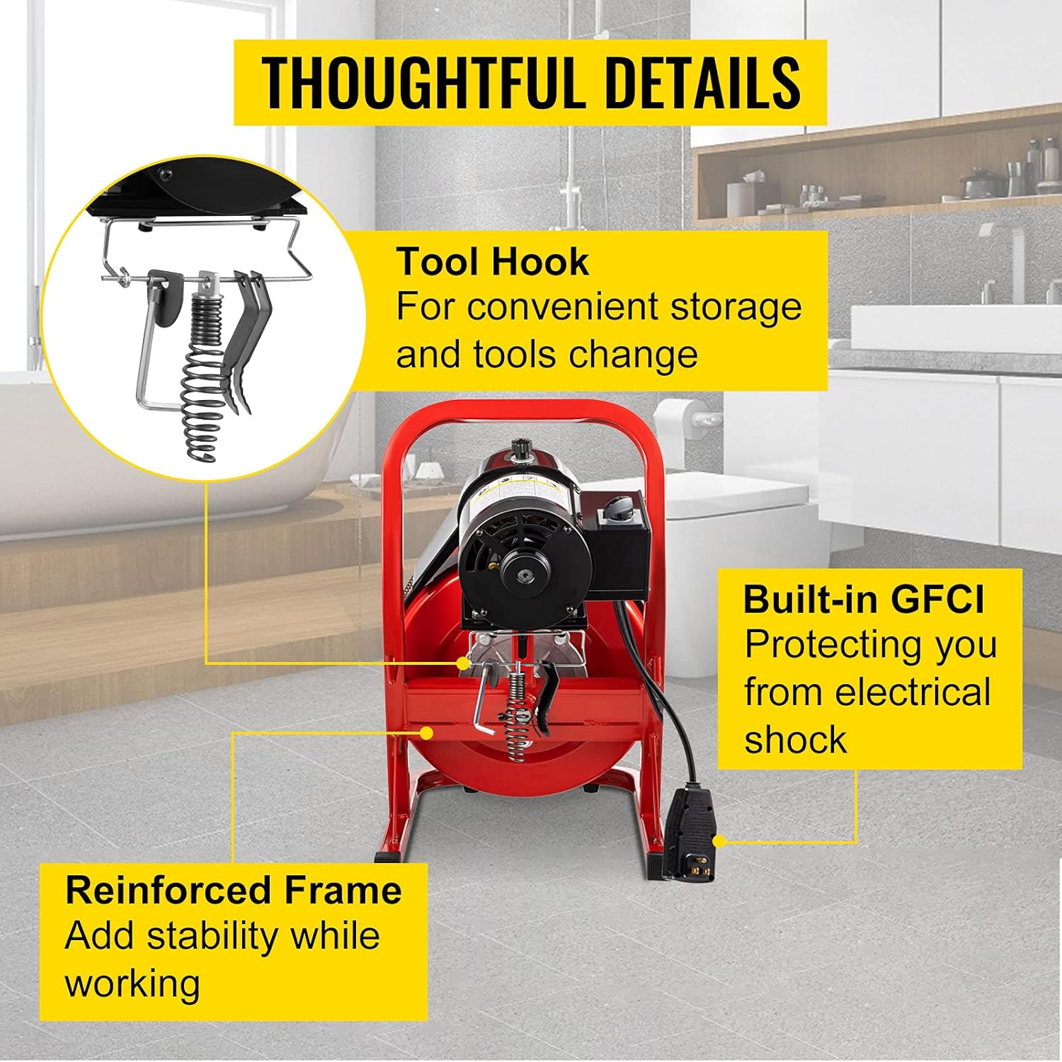 VEVOR Drain Cleaner Machine 75Ft x 1/2Inch, 370W Drain Cleaning Machine Fits 1 Inch (25mm) to 4 Inch(100mm) Pipes